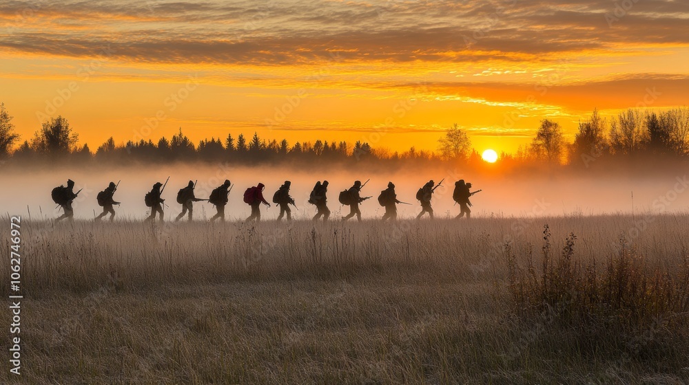 Silhouettes of Hunters Walking Through Foggy Field at Sunrise Silhouettes of Hunters Walking Through Foggy Field at Sunrise