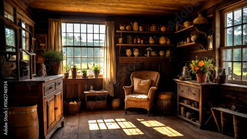 Rustic Farmhouse Room Interior with Old Furniture and Shelves, Silhouette Photography, Cozy Atmosphere, Vintage Decor, Country Style, Warm Tones, Timeless Charm, Homey Feel