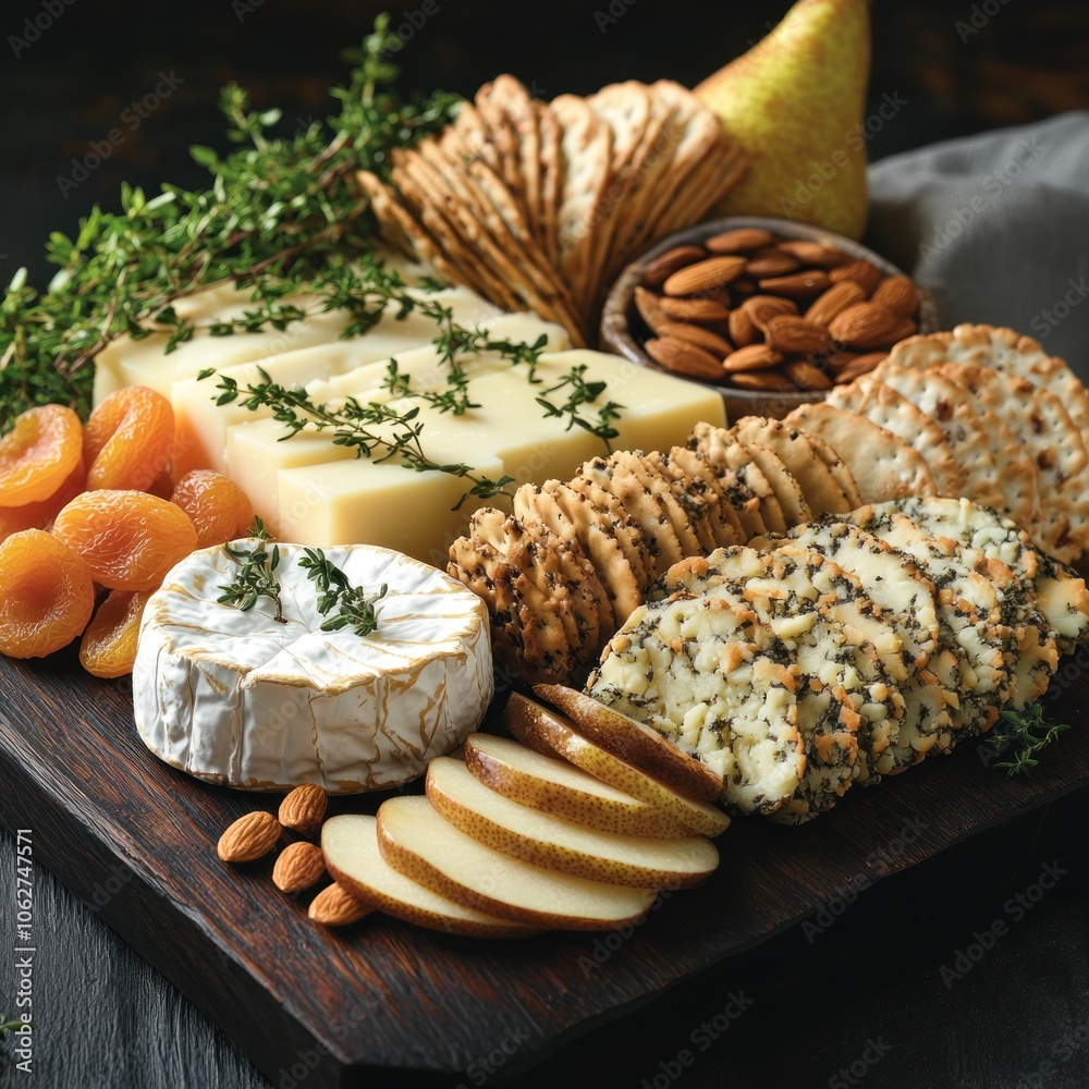 Cheese, Crackers, Pear Slices, Dried Apricots, and Almonds on a Wooden Board Cheese, Crackers, Pear Slices, Dried Apricots, and Almonds on a Wooden Board