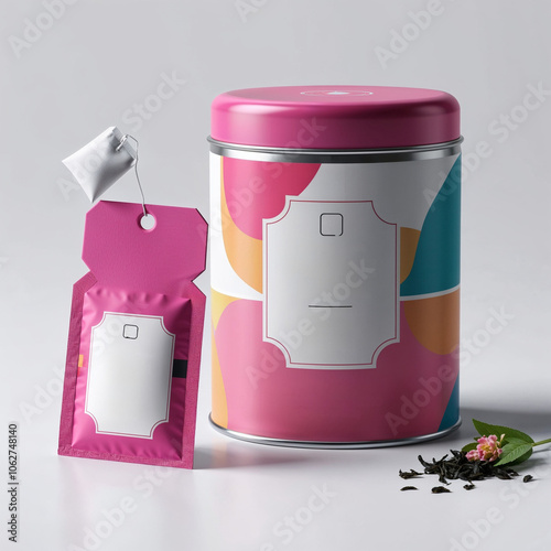 Colorful Tea Packaging Mockup with Canister and Sachet Design photo