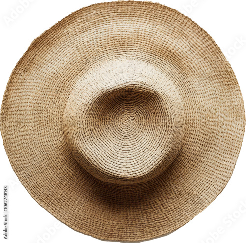 Woven straw sun hat on transparent background, top view. Fashion accessory and summer style concept