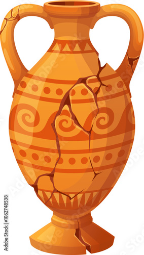 Antique vase or ancient jug and museum ceramic amphora pot,, cartoon vector. Ancient Greek vase or Roman jug pitcher of clay with ornament on broken piece cracks, archeology antique ceramic jug