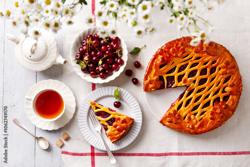 Cherry, red berry sweet pie, cake with cup of tea. White wooden background. Top view. Cherry, red berry sweet pie, cake with cup of tea. White wooden background. Top view.