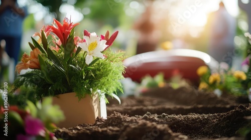 A freshly dug interment plot at a cemetery, awaiting the casket during a quiet funeral service