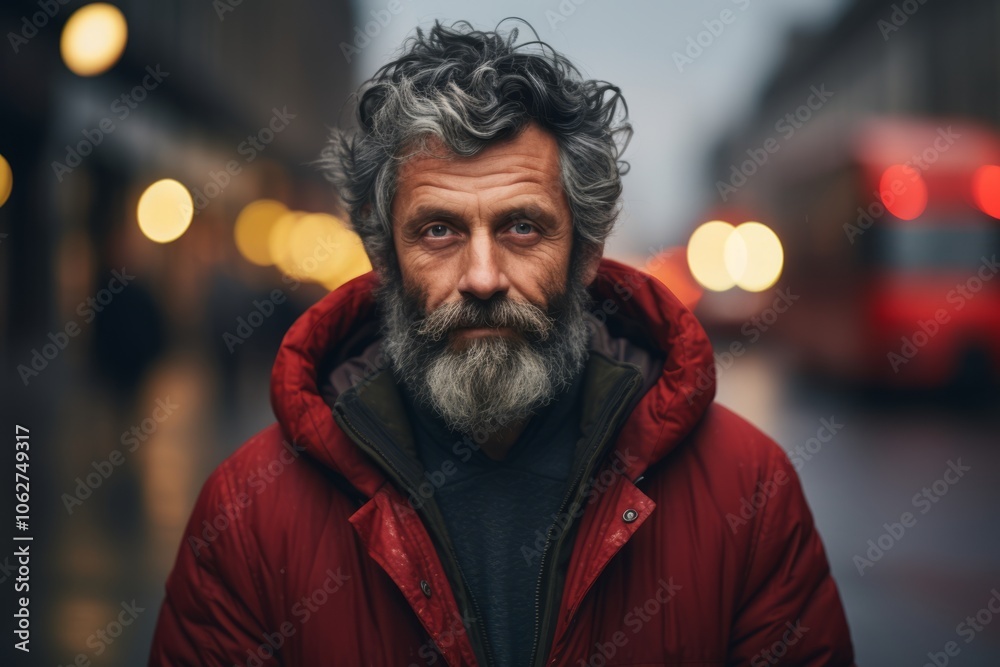 Portrait of a bearded man in a red jacket on the street. Portrait of a bearded man in a red jacket on the street.