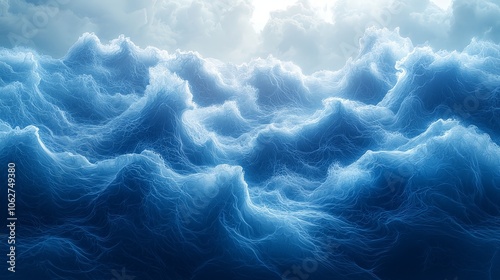 A dynamic ocean scene with swirling blue waves under a cloudy sky.