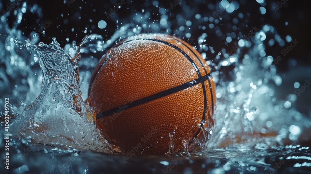 Detail of basketball ball hitting the basket. On dark background Detail of basketball ball hitting the basket. On dark background