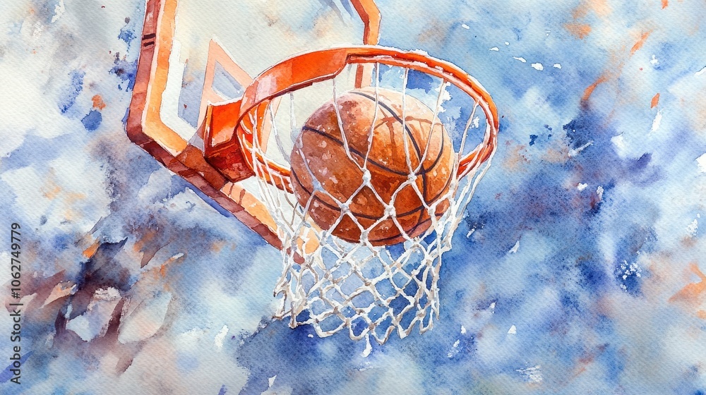 Watercolor art of a basketball going through a hoop. Abstract sports illustration. Concept of basketball, sports art, dynamic action, game design Watercolor art of a basketball going through a hoop. Abstract sports illustration. Concept of basketball, sports art, dynamic action, game design