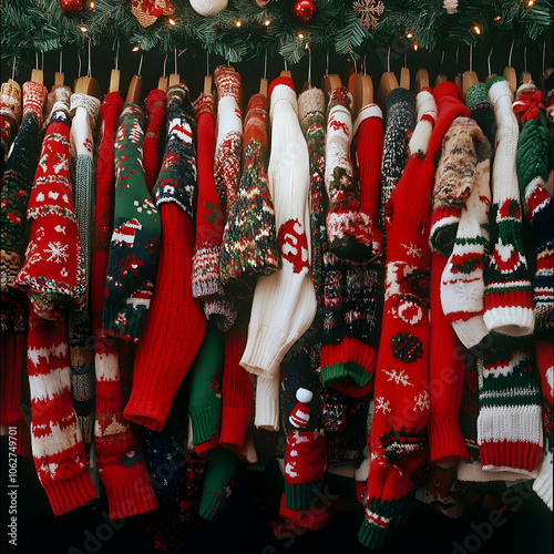 Christmas sweaters hanging together in a closet photo