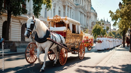 An ornate horse-drawn carriage leading a funeral procession through a historic city, a grand tribute to a lasting legacy, comfort in tradition