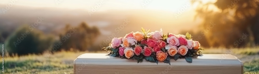 A peaceful hillside burial with a vibrant wreath of roses placed on a simple wooden casket, a serene tribute to the memory of the deceased A peaceful hillside burial with a vibrant wreath of roses placed on a simple wooden casket, a serene tribute to the memory of the deceased