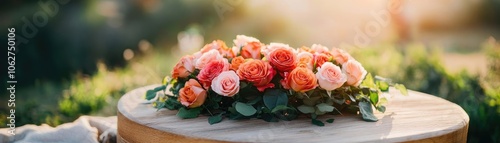 A peaceful hillside burial with a vibrant wreath of roses placed on a simple wooden casket, a serene tribute to the memory of the deceased photo