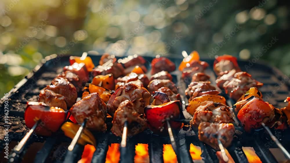 Grilling delicious shashlik on barbecue grill