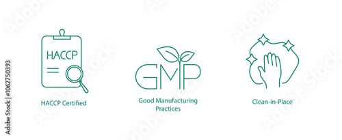 HACCP, GMP, and Clean in Place Vector Icon Set for Food Safety Standards