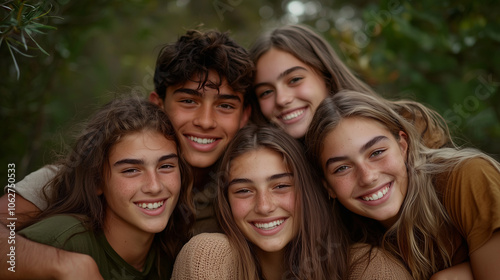 Group Hug of Young Adults in Nature Celebrating Friendship