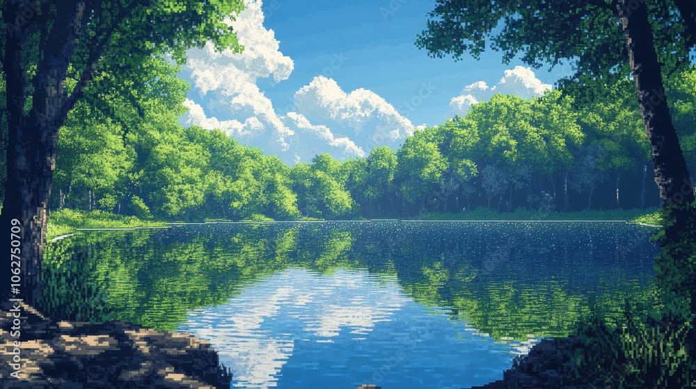 A tranquil lake surrounded by trees with a reflection of the sky, pixel art, serene blues and greens, 8bit, peaceful and picturesque A tranquil lake surrounded by trees with a reflection of the sky, pixel art, serene blues and greens, 8bit, peaceful and picturesque