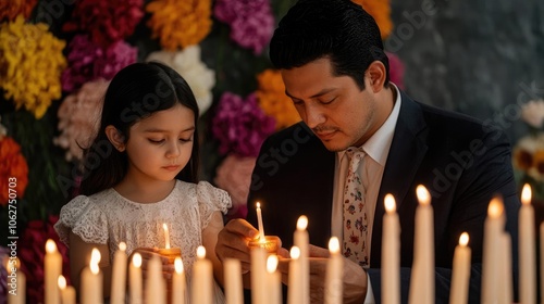 A father and daughter lighting candles at a family altar, showing devotion and tribute to ancestors, colorful elements of heritage highlighted during All Souls' Day photo