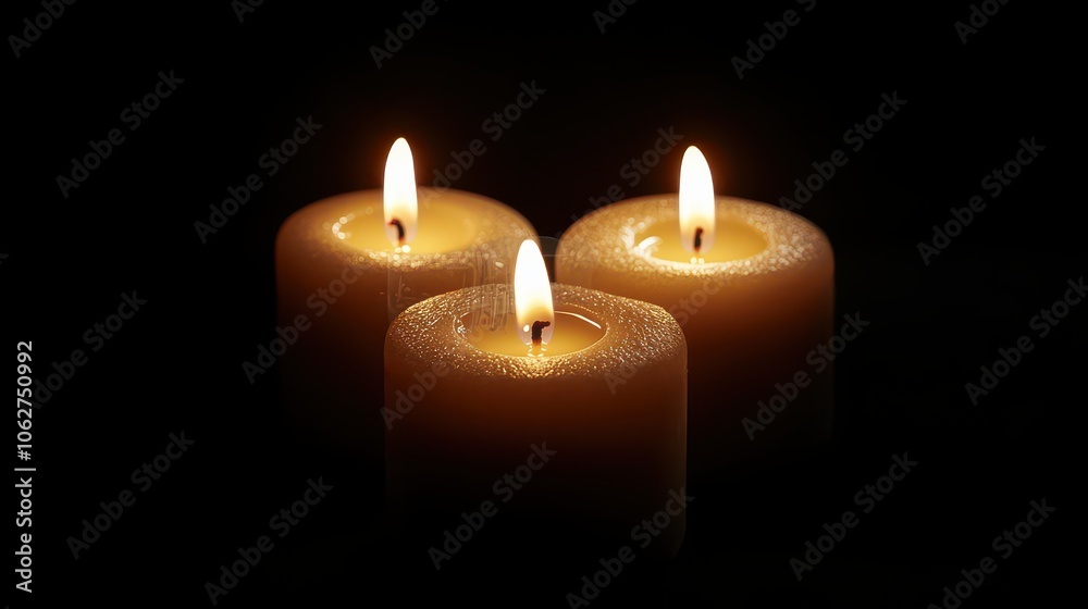 Illuminated burning candles isolated against a black background, creating a warm and calming atmosphere Illuminated burning candles isolated against a black background, creating a warm and calming atmosphere