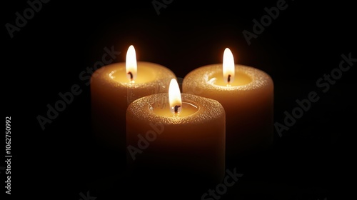 Illuminated burning candles isolated against a black background, creating a warm and calming atmosphere