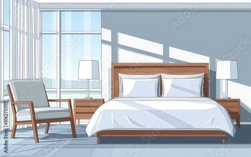 Modern bedroom interior with natural light, minimalist design and cozy furnishings.