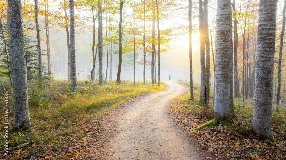 Scenic winding path in a tranquil forest with autumn leaves and soft morning light. Scenic winding path in a tranquil forest with autumn leaves and soft morning light.