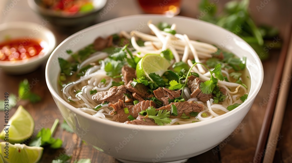 Hot noodle soup with tender meat slices fresh herbs and bean sprouts garnished with lime and chilies Hot noodle soup with tender meat slices fresh herbs and bean sprouts garnished with lime and chilies