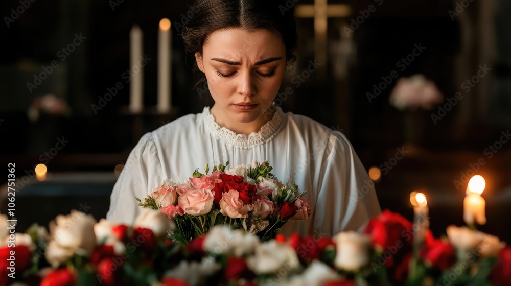 A woman in silent grief, placing flowers on a tomb as the All Souls' Day liturgy echoes softly in the background, candles glowing nearby A woman in silent grief, placing flowers on a tomb as the All Souls' Day liturgy echoes softly in the background, candles glowing nearby