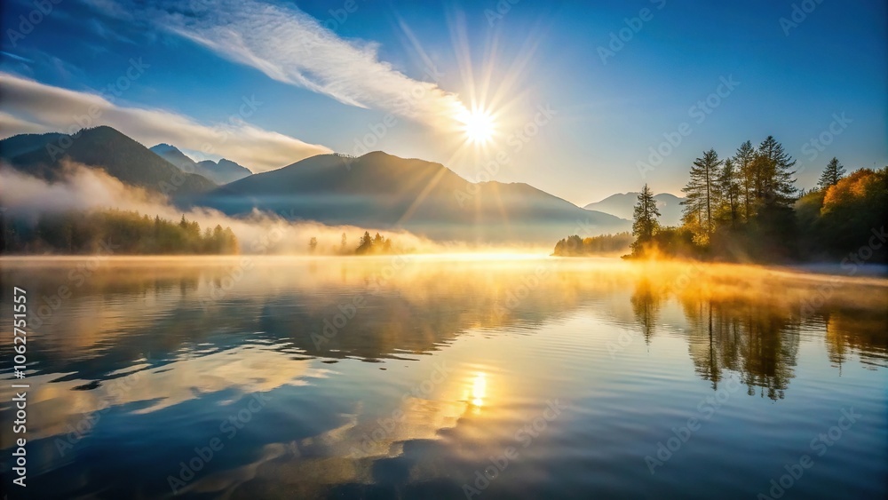 Fototapeta premium Morning mist shrouds a serene lake as the sun rises over the surrounding mountains, sunrise, water, sky, mist, landscape