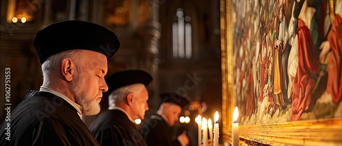 Men in traditional robes lighting candles in a grand religious setting. photo