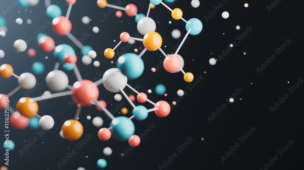 A 3D rendering of a complex molecule, with brightly colored spheres representing atoms connected by bonds, set against a black background for focus. A 3D rendering of a complex molecule, with brightly colored spheres representing atoms connected by bonds, set against a black background for focus.