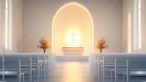 Trust in divine virtue, peaceful chapel with glowing altar, quiet Christian prayer and spiritual devotion filling the sacred space with soft light