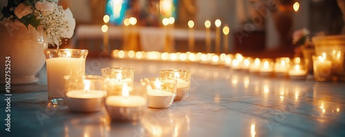 Ceremonial blessed mass in a sacred church, glowing candles and soft hymns filling the space, peaceful and reverent atmosphere