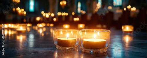 Ceremonial blessed mass in a sacred church, glowing candles and soft hymns filling the space, peaceful and reverent atmosphere