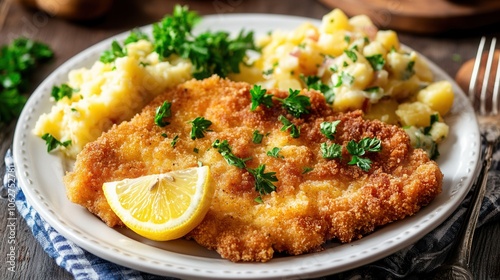 Breaded schnitzel with potato salad garnished with fresh parsley and lemon slices on white plate