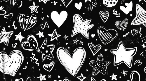A hand-drawn doodle background, filled with quirky, playful illustrations of stars and hearts