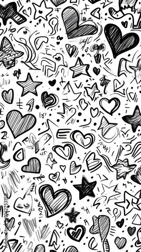 A hand-drawn doodle background, filled with quirky, playful illustrations of stars and hearts