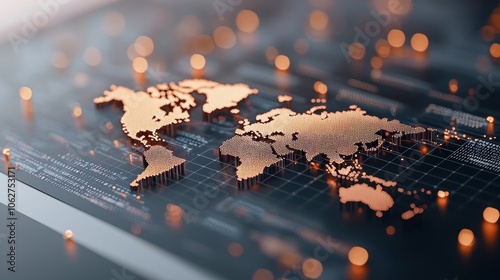 Financial data and charts displayed on a computer screen with a world map background, highlighting the complexities of global economics and financial markets.