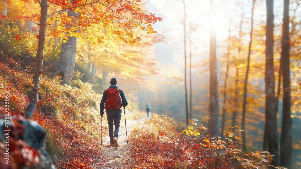 Hiker walking through a vibrant autumn forest with colorful leaves. Hiker walking through a vibrant autumn forest with colorful leaves.