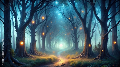 Mysterious forest at night with glowing eyes and eerie sounds, spooky woods, mysterious environment, supernatural elements, dark forest, eerie atmosphere