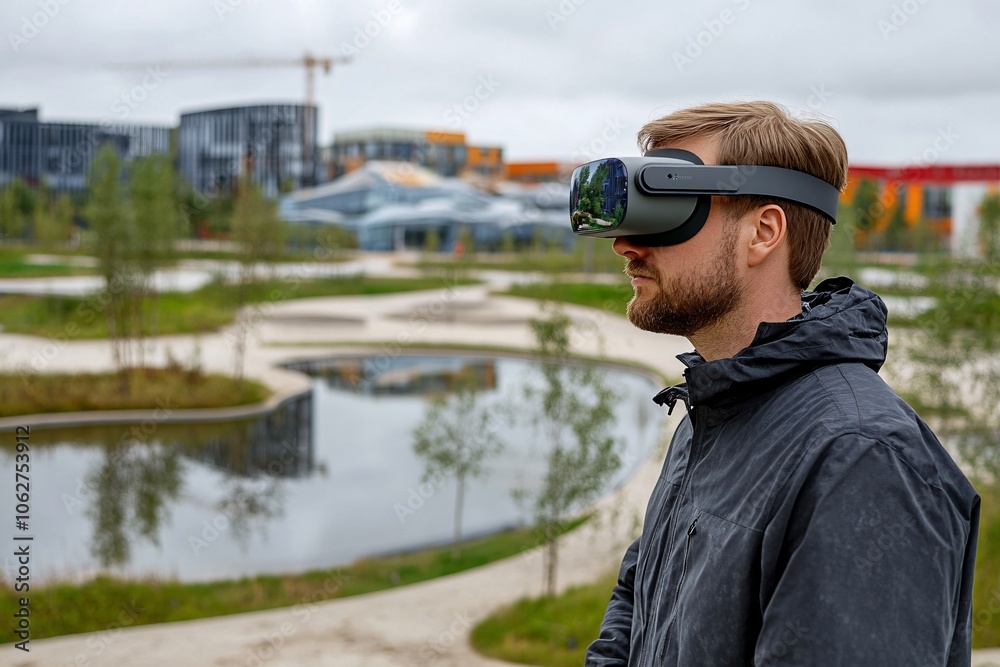 Obraz premium Man Exploring a Futuristic Cityscape with Virtual Reality Headset