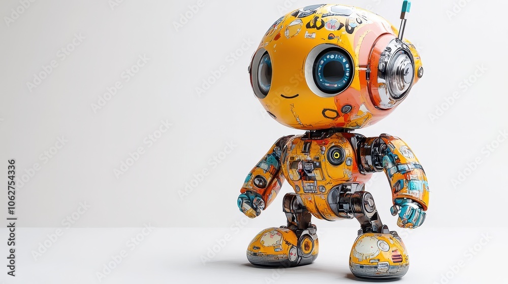 A vibrant, intricately designed wind-up robot toy, capturing the essence of playful artistry against a clean backdrop. A vibrant, intricately designed wind-up robot toy, capturing the essence of playful artistry against a clean backdrop.