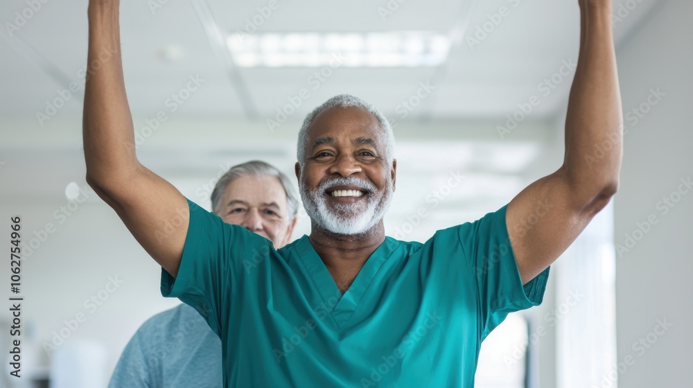 A man in a green scrubs shirt is smiling and holding his arms up A man in a green scrubs shirt is smiling and holding his arms up