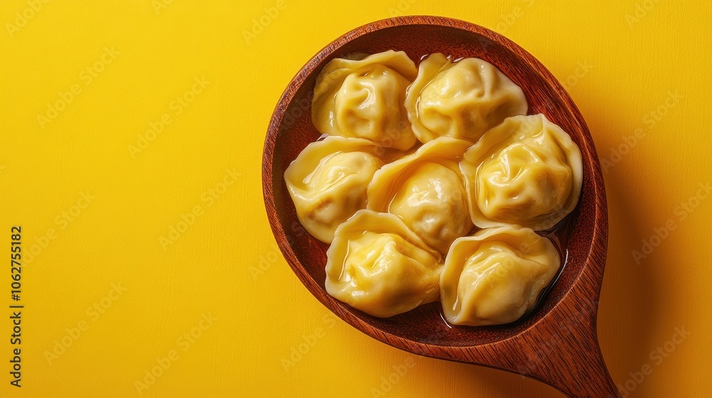 Kuciukai dumplings resting in a large ladle against a bright backdrop, perfect for culinary presentations Kuciukai dumplings resting in a large ladle against a bright backdrop, perfect for culinary presentations