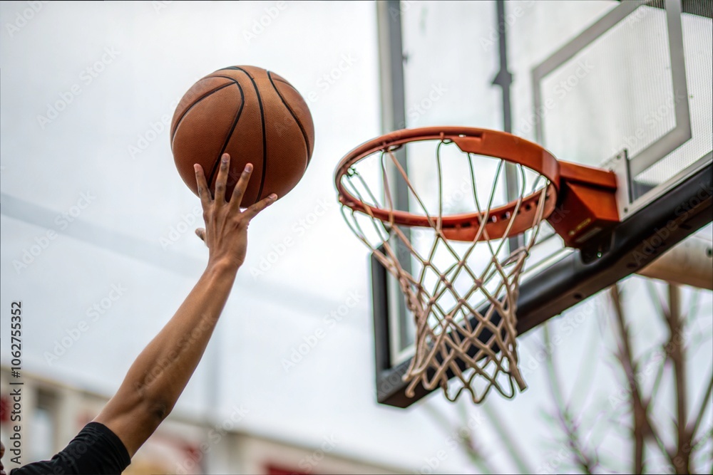 The athlete scores a basketball ball into the ring during an open air, the concept of a healthy lifestyle, promotion of sports, and an intrella to the game The athlete scores a basketball ball into the ring during an open air, the concept of a healthy lifestyle, promotion of sports, and an intrella to the game