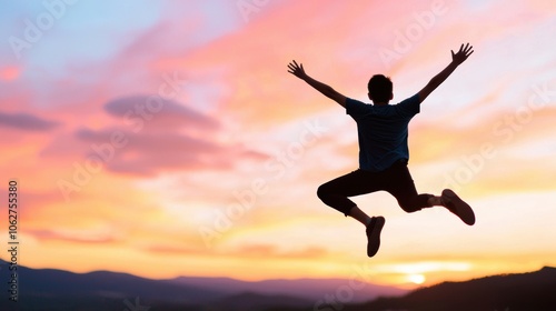 Wallpaper Mural A silhouetted figure jumping in the air against a backdrop of a vibrant sunset, arms outstretched, representing freedom, success, and reaching new heights. Torontodigital.ca