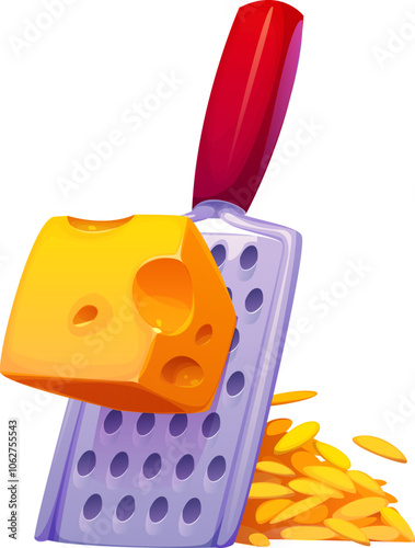 Cheese grating on grater for food cooking and preparation process, vector icon. Cheese grater symbol of food preparation utensil and kitchenware equipment for cooking process pictogram or recipe
