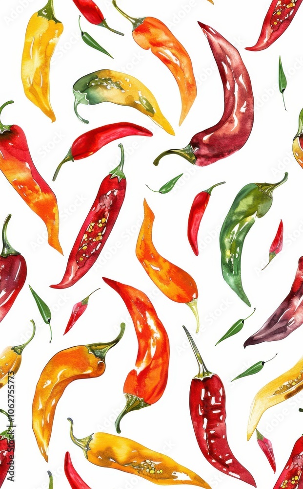 A sheet illustrated with a variety of thai chilis for a trendy brand, various colors, white background 