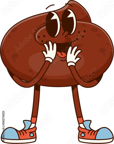Cartoon groovy poop character or funny poo excrement personage of happy toilet shit, vector emoticon. Groovy poop emoji or poo emoticon character with confused face expression in retro comic cartoon