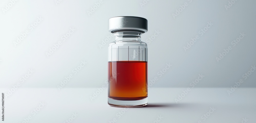 Three-dimensional depiction of a medical vial, emphasizing sealed containment. Three-dimensional depiction of a medical vial, emphasizing sealed containment.