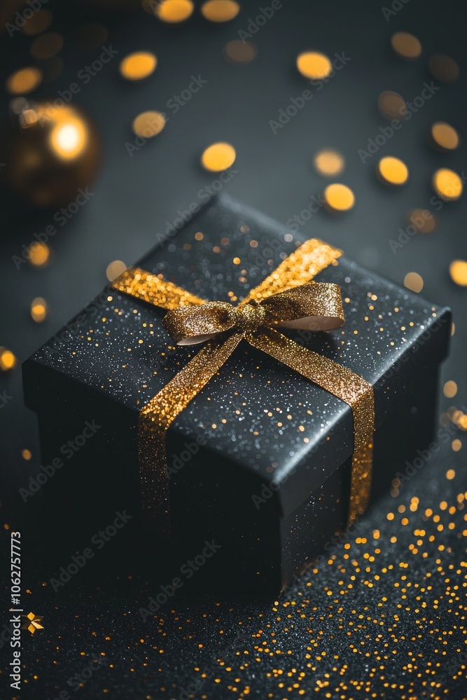 Black gift box with a golden ribbon, black background with gold confetti. Black present boxes for Christmas or birthday gifts on a dark table Black gift box with a golden ribbon, black background with gold confetti. Black present boxes for Christmas or birthday gifts on a dark table